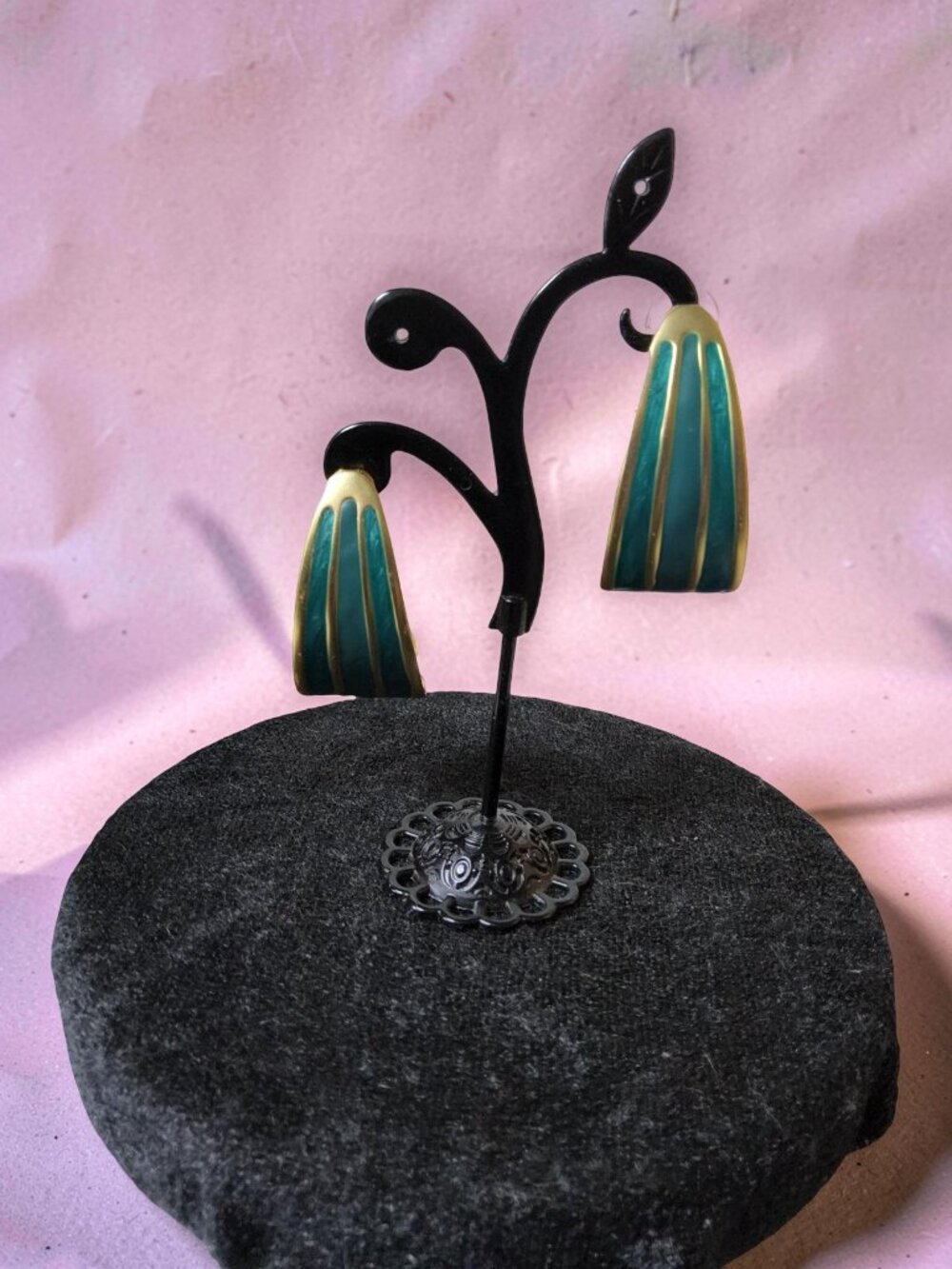 vintage gold tone teal green enamel chunky push back earrings